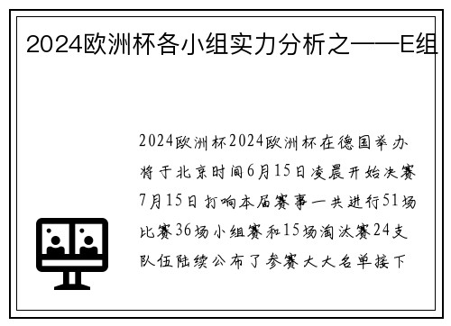 2024欧洲杯各小组实力分析之——E组
